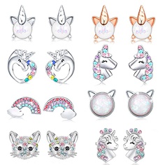 Fashion Unicorn Cat Alloy Diamond Artificial Gemstones Ear Studs 1 Pair